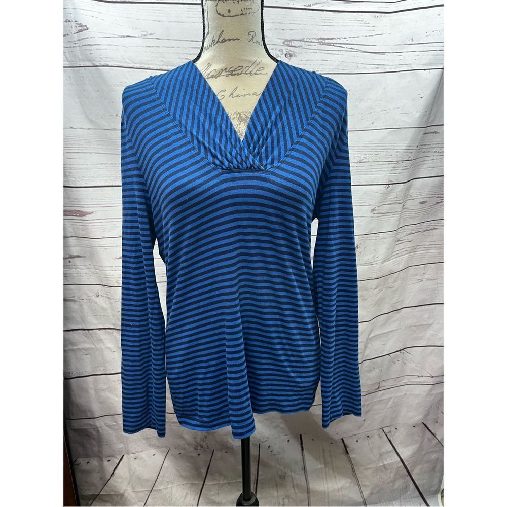 Striped V Neck Long Sleeve Top Blue Lightweight Casual Everyday